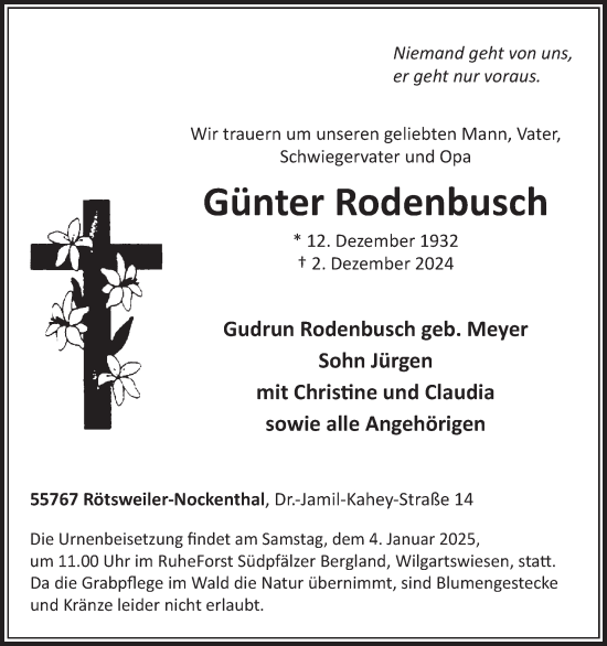 Traueranzeige von Günter Rodenbusch von WochenSpiegel