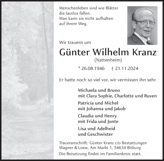 Traueranzeige von Günter Wilhelm Kranz von WochenSpiegel