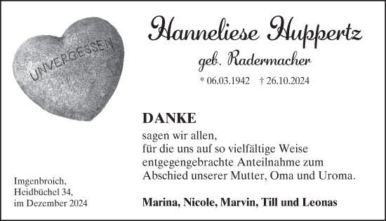 Traueranzeige von Hanneliese Huppertz von WochenSpiegel