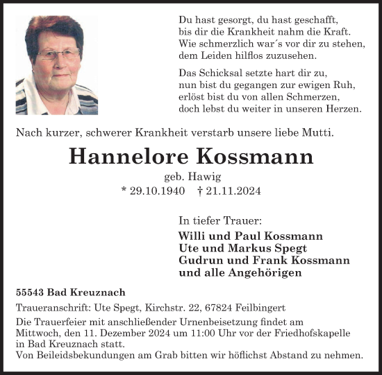 Traueranzeige von Hannelore Kossmann von WochenSpiegel