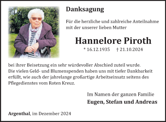 Traueranzeige von Hannelore Piroth von WochenSpiegel