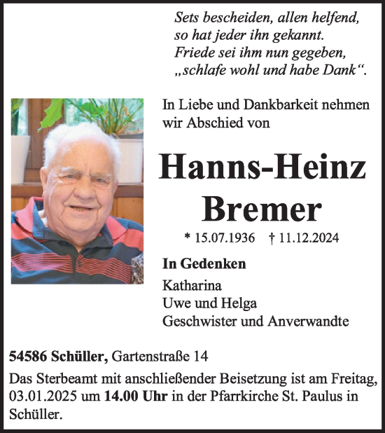 Traueranzeige von Hanns-Heinz Bremer von WochenSpiegel