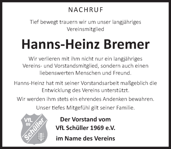 Traueranzeige von Hanns-Heinz Bremer von WochenSpiegel