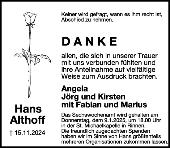 Traueranzeige von Hans Althoff von WochenSpiegel