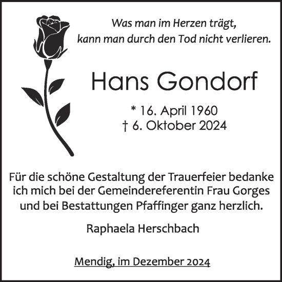 Traueranzeige von Hans Gondorf von WochenSpiegel