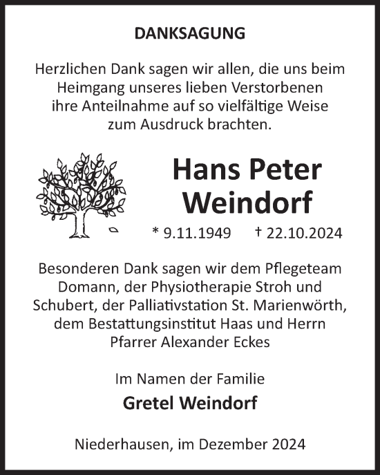 Traueranzeige von Hans Weindorf von WochenSpiegel