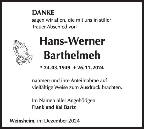 Traueranzeige von Hans-Werner Barthelmeh von WochenSpiegel