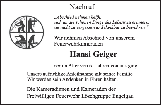 Traueranzeige von Hansi Geiger von WochenSpiegel