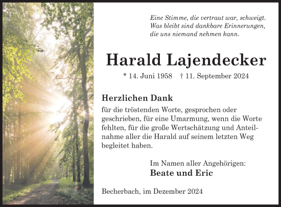 Traueranzeige von Harald Lajendecker von WochenSpiegel