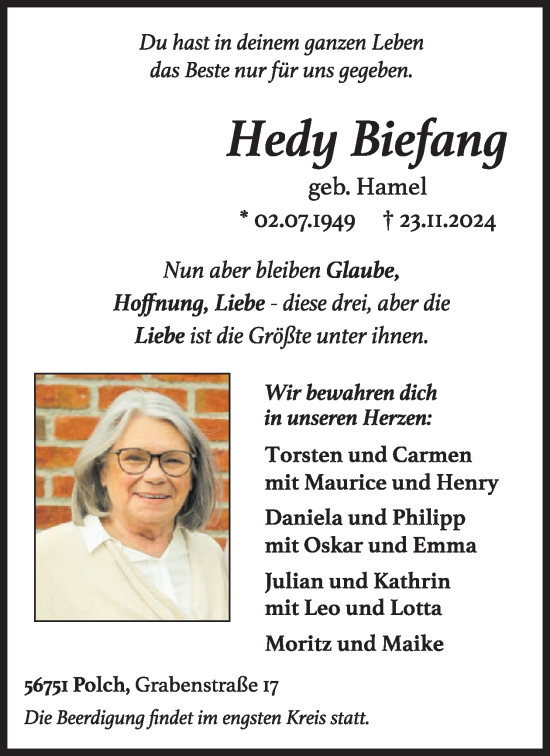 Traueranzeige von Hedy Biefang von WochenSpiegel