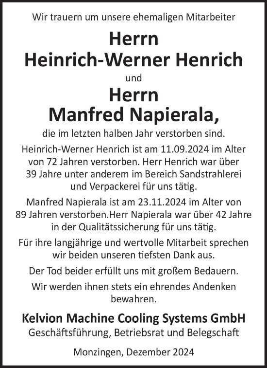 Traueranzeige von Heinrich-Werner Henrich von WochenSpiegel