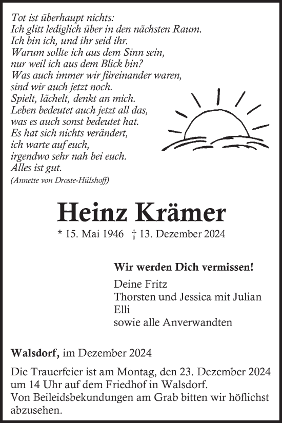 Traueranzeige von Heinz Krämer von WochenSpiegel