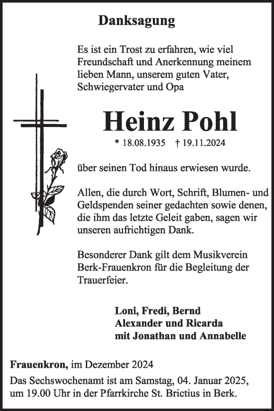 Traueranzeige von Heinz Pohl von WochenSpiegel