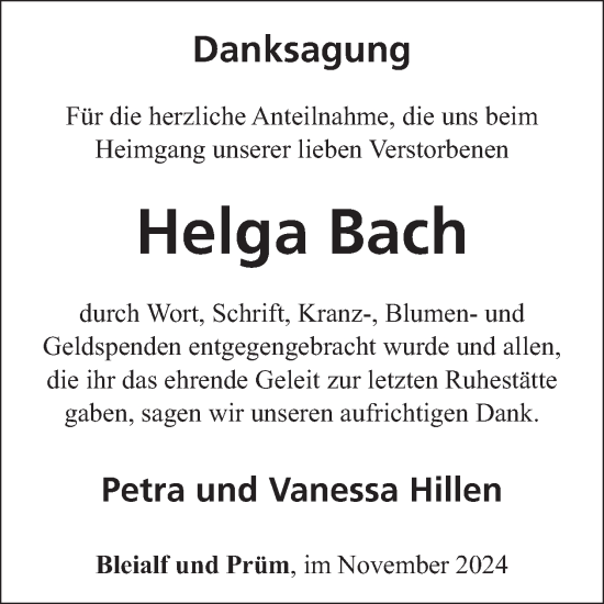 Traueranzeige von Helga Bach von WochenSpiegel