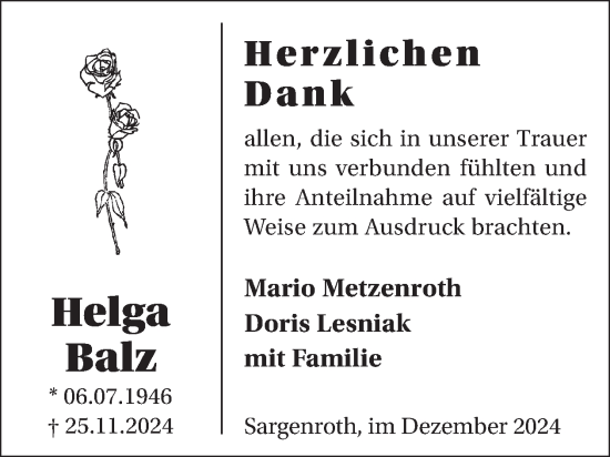 Traueranzeige von Helga Balz von WochenSpiegel