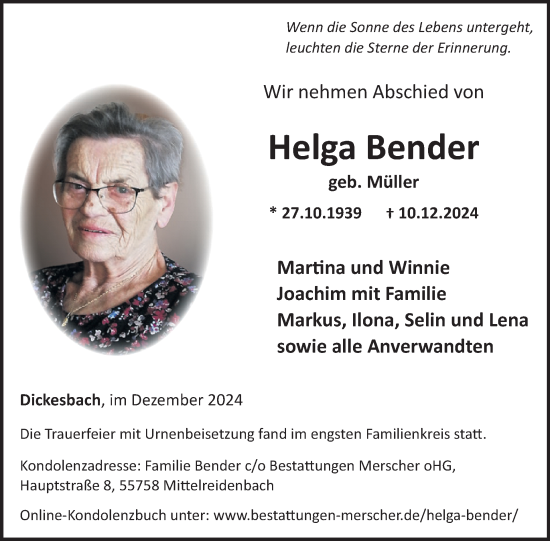 Traueranzeige von Helga Bender von WochenSpiegel