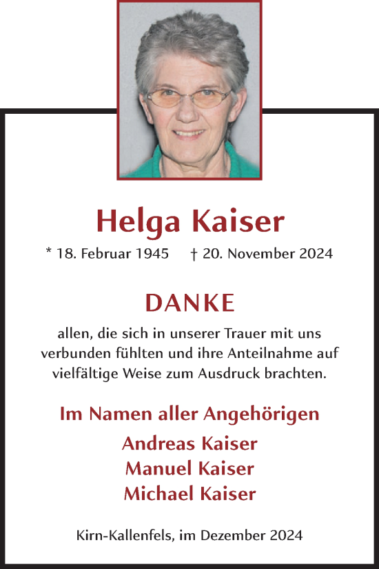 Traueranzeige von Helga Kaiser von WochenSpiegel