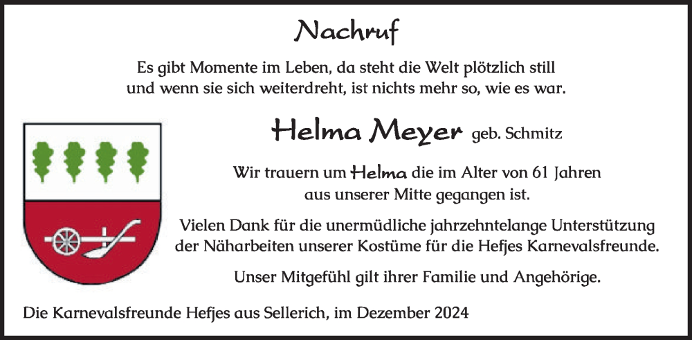  Traueranzeige für Helma Meyer vom 20.12.2024 aus WochenSpiegel