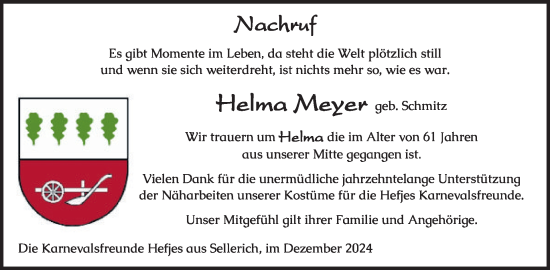 Traueranzeige von Helma Meyer von WochenSpiegel