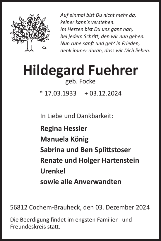 Traueranzeige von Hildegard Fuehrer von WochenSpiegel