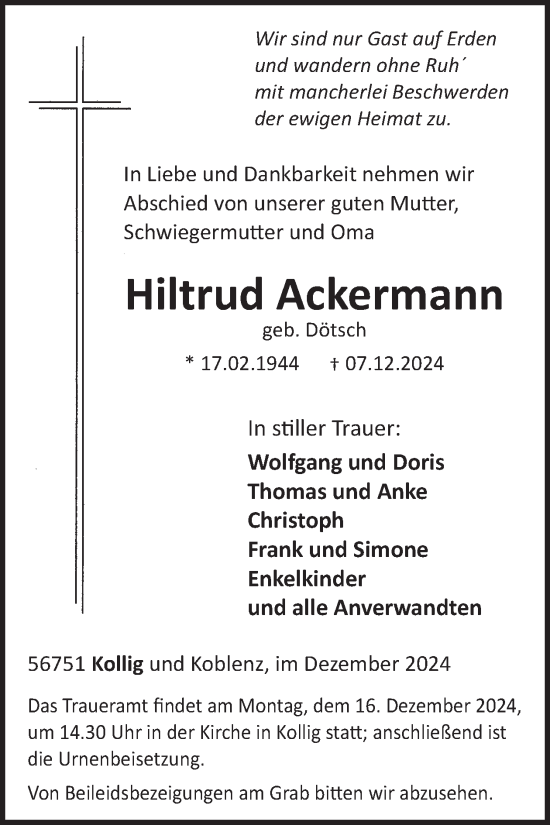 Traueranzeige von Hiltrud Ackermann von WochenSpiegel