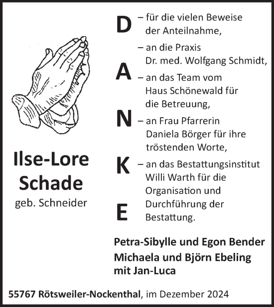 Traueranzeige von Ilse-Lore Schade von WochenSpiegel