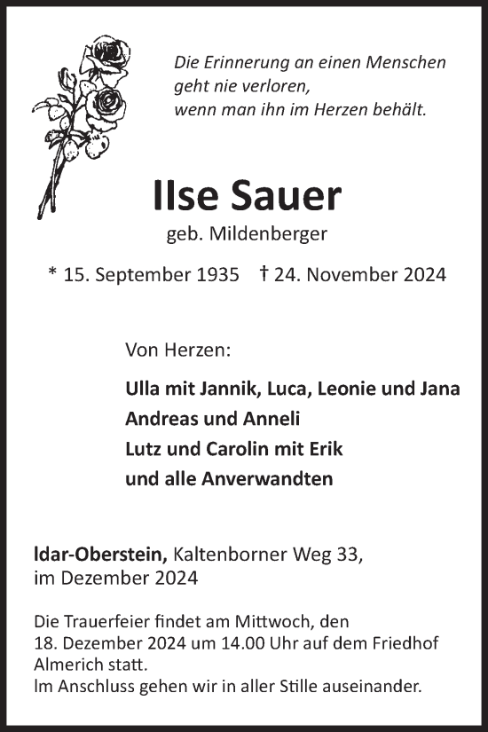 Traueranzeige von Ilse Sauer von WochenSpiegel