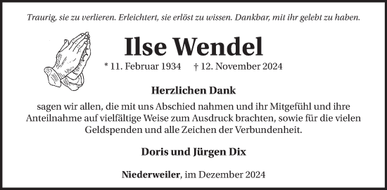 Traueranzeige von Ilse Wendel von WochenSpiegel