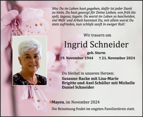 Traueranzeige von Ingrid Schneider von WochenSpiegel