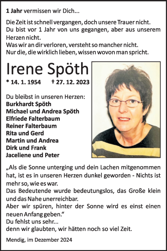 Traueranzeige von Irene Spöth von WochenSpiegel