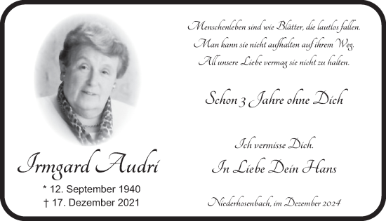 Traueranzeige von Irmgard Audri von WochenSpiegel