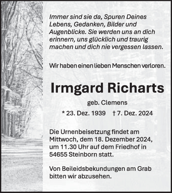 Traueranzeige von Irmgard Richarts von WochenSpiegel