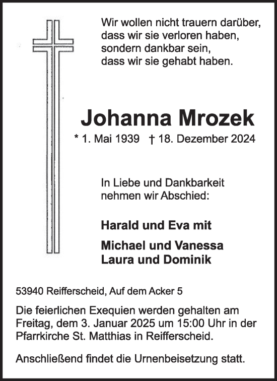 Traueranzeige von Johanna Mrozek von WochenSpiegel