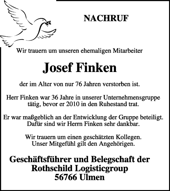 Traueranzeige von Josef Finken von WochenSpiegel