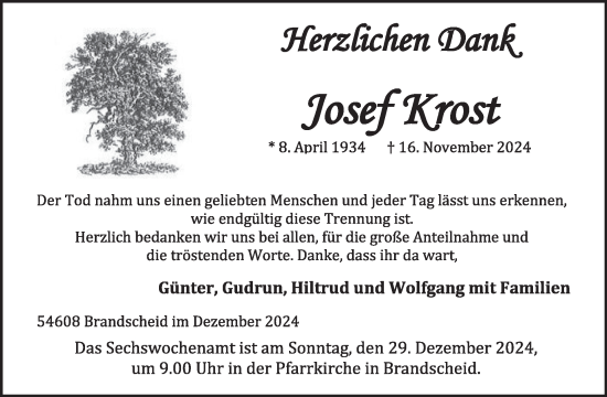 Traueranzeige von Josef Krost von WochenSpiegel