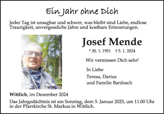 Traueranzeige von Josef Mende von WochenSpiegel