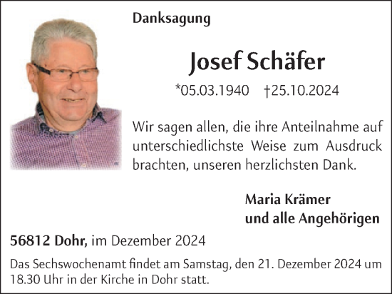 Traueranzeige von Josef Schäfer von WochenSpiegel