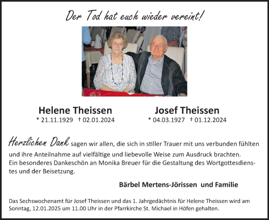 Traueranzeige von Josef Theissen von WochenSpiegel