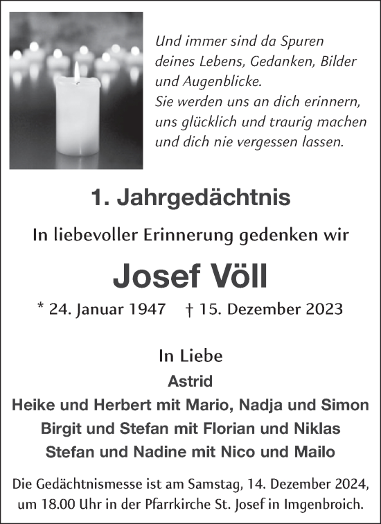 Traueranzeige von Josef Völl von WochenSpiegel