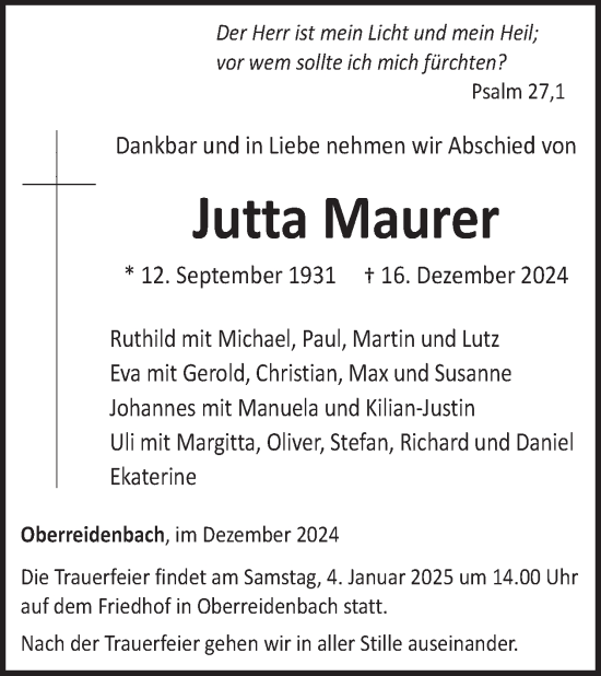 Traueranzeige von Jutta Maurer von WochenSpiegel