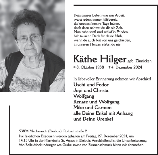 Traueranzeige von Käthe Hilger von WochenSpiegel