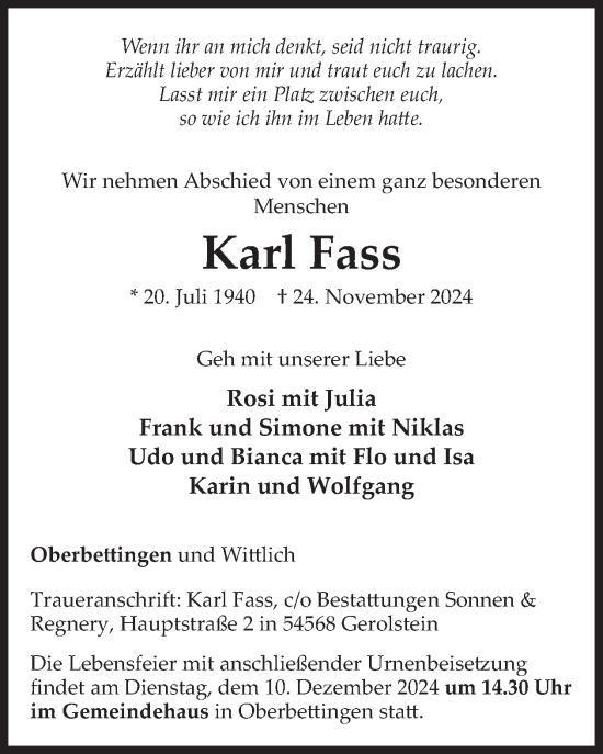 Traueranzeige von Karl Fass von WochenSpiegel