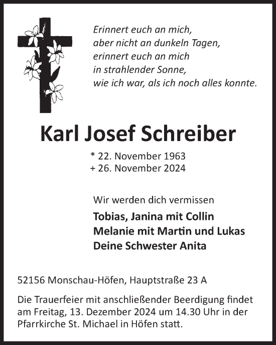 Traueranzeige von Karl Josef Schreiber von WochenSpiegel