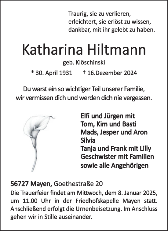 Traueranzeige von Katharina Hiltmann von WochenSpiegel