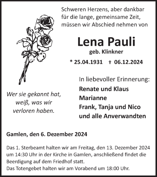 Traueranzeige von Lena Pauli von WochenSpiegel