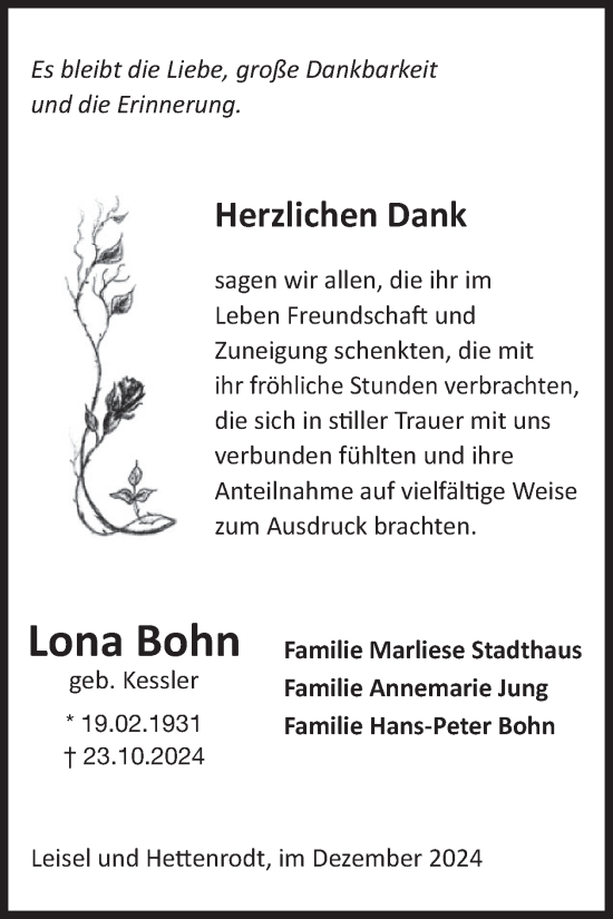 Traueranzeige von Lona Bohn von WochenSpiegel