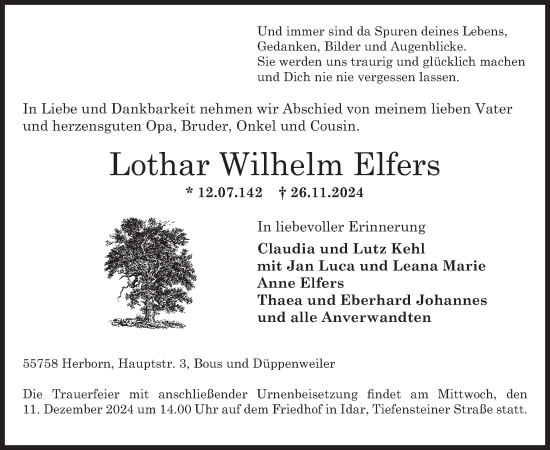 Traueranzeige von Lothar Wilhelm Elfers von WochenSpiegel