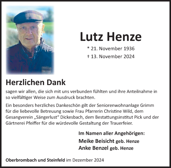 Traueranzeige von Lutz Henze von WochenSpiegel