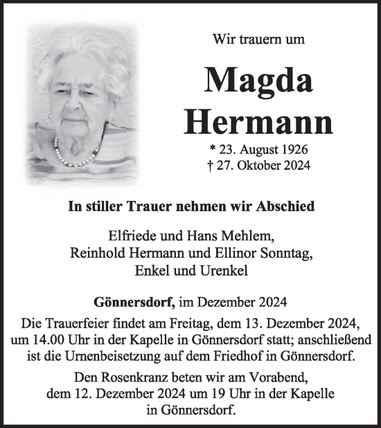 Traueranzeige von Magda Hermann von WochenSpiegel