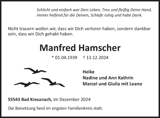 Traueranzeige von Manfred Hamscher von WochenSpiegel